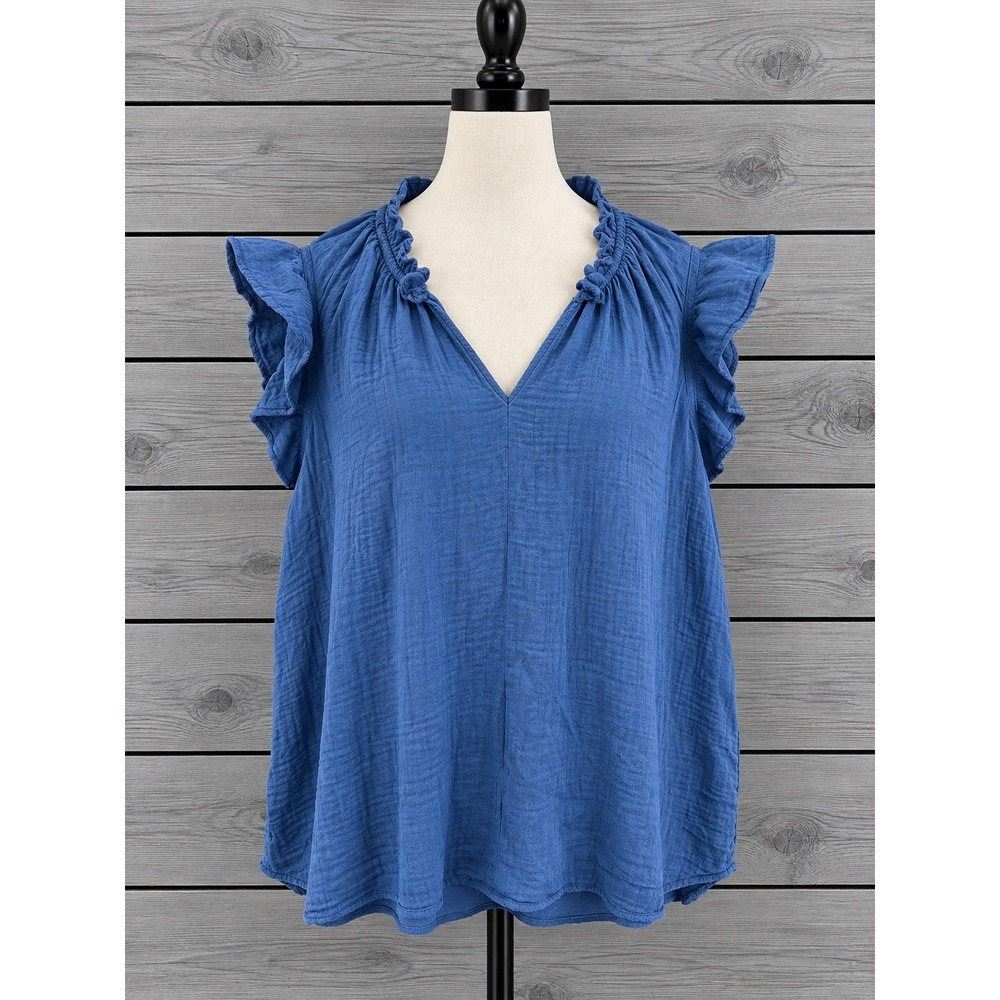 Old Navy Cotton Gauze Top Size XL Blue Flutter Cap Sleeves Ruffle V-Neck